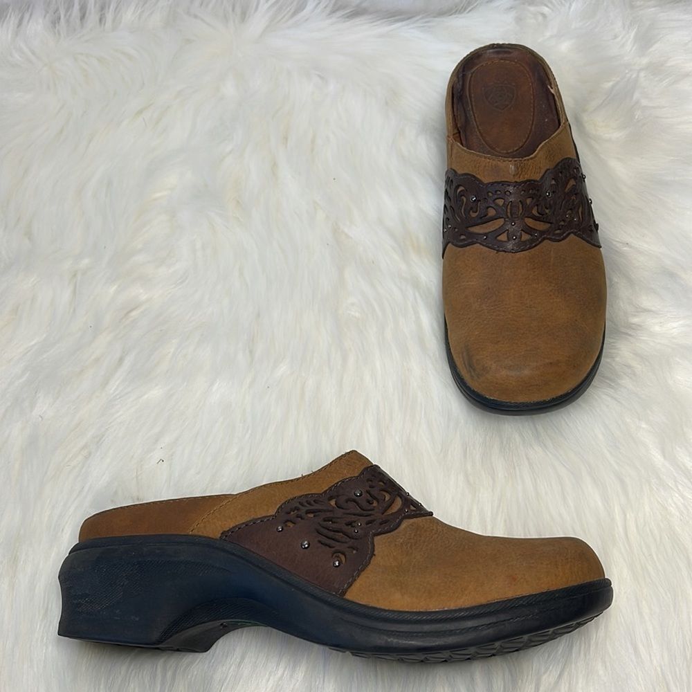 Ariat Tan Clogs Brown Lattice Detail Sz 7.5